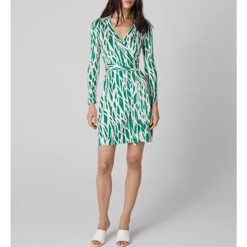 Diane Von Furstenberg Jeanne Wrap Dress Twigs Green Nwt 0